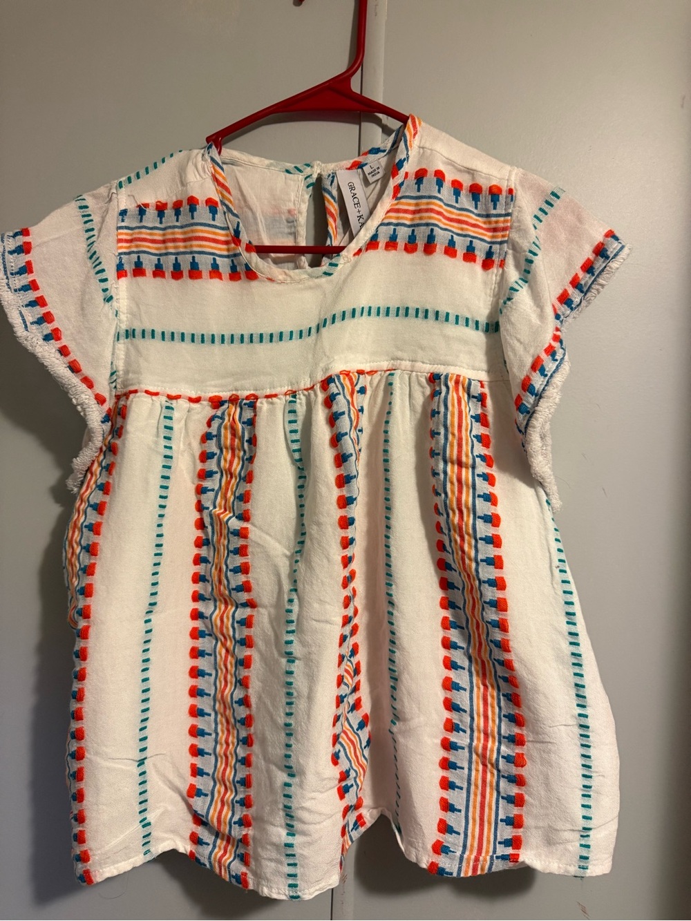 Grace + Karma Boho Embroidered Tunic Top L Ivory Orange Blue Fest